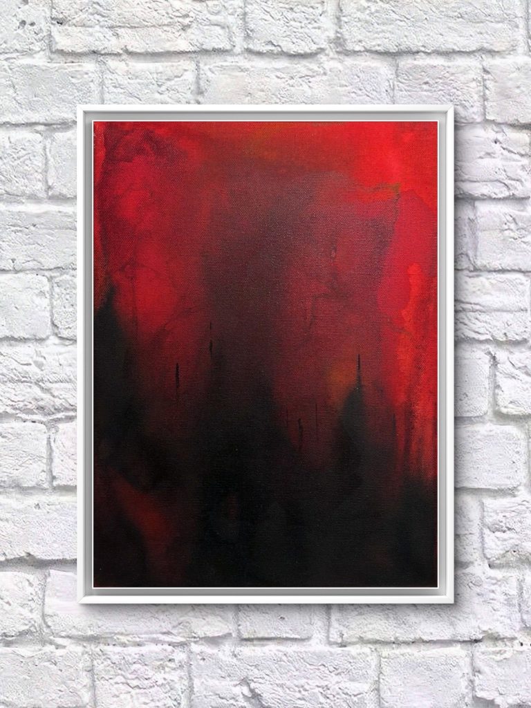 Abstrakte Kunst mit roten und schwarzen Farbtönen, an einer hellen Wand hängend.