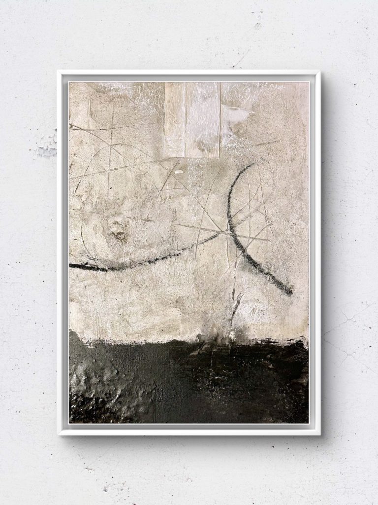 Abstrakte Kunst mit hellen und dunklen Farbtönen sowie geschwungenen Linien.