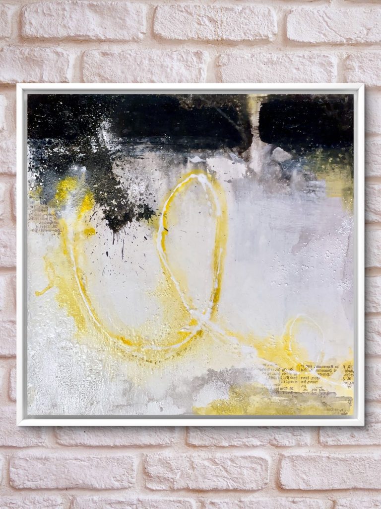 Abstraktes Gemälde mit gelben Linien auf einem strukturierten Hintergrund.